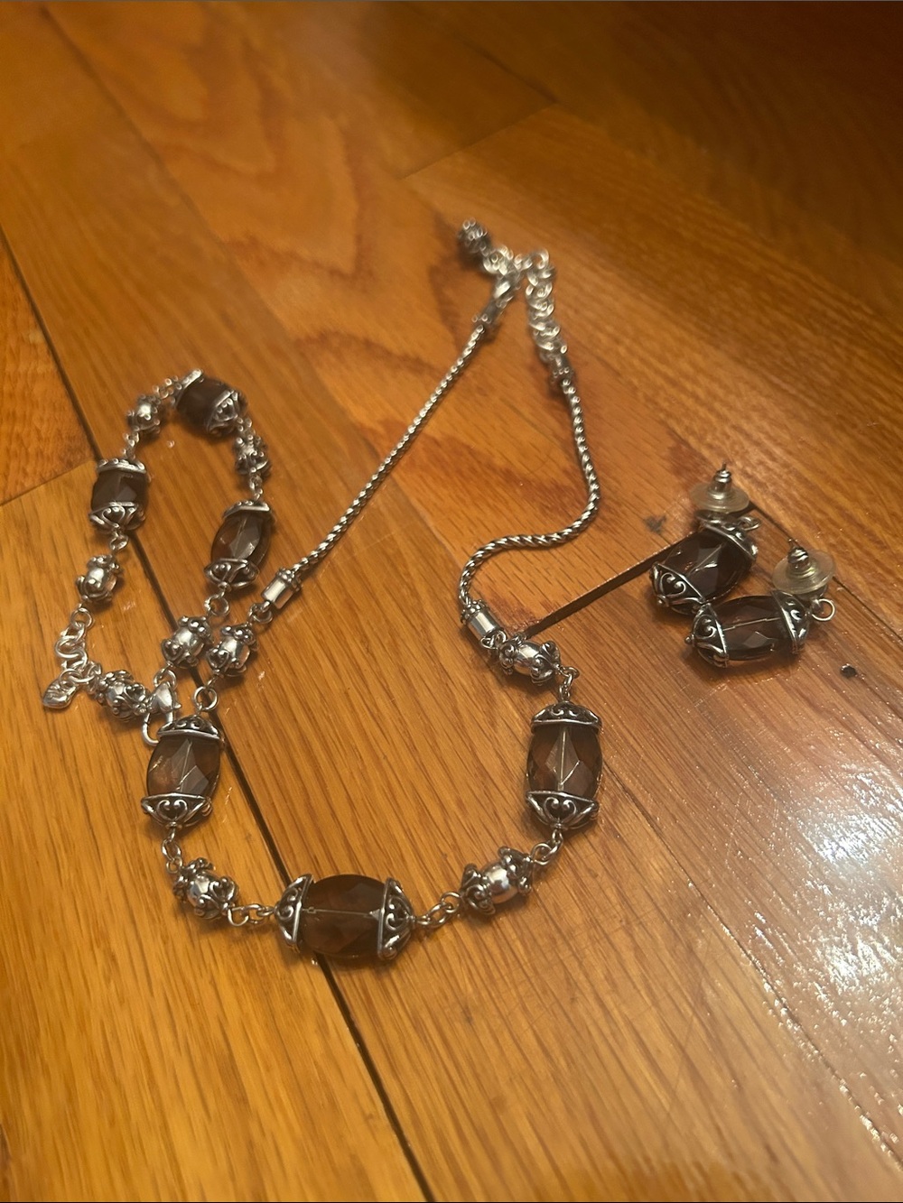 Brighton Silver-Tone Smoky Brown Bead Necklace and Earrings